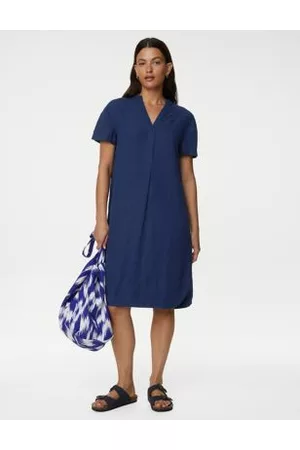 Marks & Spencer Women Short & Mini Dresses - Linen Rich V-Neck Short Sleeve Shift Dress