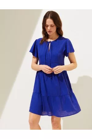 Marks & Spencer Women Party Dresses - Linen Blend Tie Neck Mini Tiered Dress