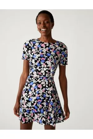 Marks & Spencer Women Party Dresses - Printed Round Neck Belted Mini Skater Dress
