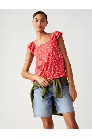 Marks & Spencer Women Tank Tops - Pure Cotton Printed Ruffle Vest