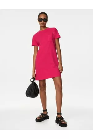 Marks & Spencer Women Party Dresses - Pure Cotton Round Neck Mini T-Shirt Dress