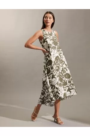 Jaeger Women Printed Dresses - Womens Pure Linen Floral V-Neck Midi Shift Dress