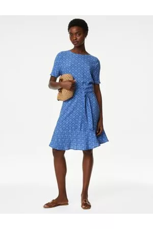 Marks & Spencer Women Party & Cocktail Dresses - Printed Round Neck Belted Mini Skater Dress