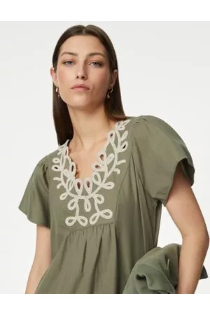 Per Una Women Shift Dresses - Pure Cotton Embroidered V-Neck Shift Dress