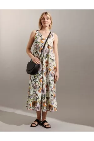 Jaeger Women Printed & Patterned Dresses - Womens Pure Cotton Floral V-Neck Midi Shift Dress