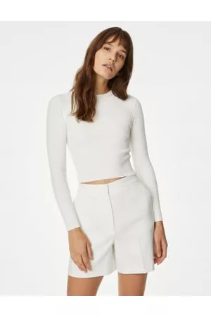 Nina Woven Ribbed Asymmetric Hem Long Sleeves Crop Top in Cream Cream / 12 (L)