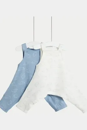 Marks & Spencer Unisex,Boys,Girls 2pk Hip Dysplasia Cotton Rich Dungarees (7lbs-1 Yrs)