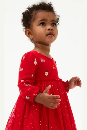 Marks & Spencer Girls Jersey and Tulle Christmas Print Dress (0-8 Yrs)