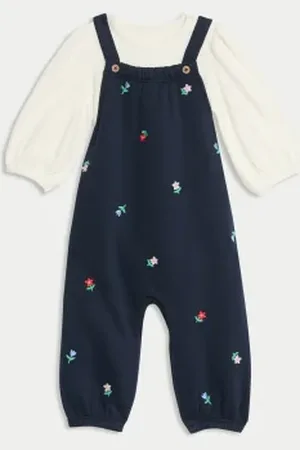 Marks & Spencer Girls 2pc Cotton Rich Floral Dungarees Outfit (0-3 Yrs)