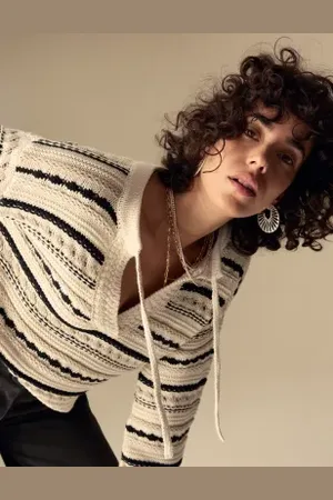 Per Una Womens Cotton Rich Striped Textured V-Neck Jumper