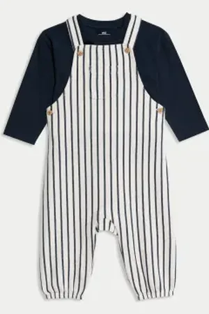 Marks & Spencer Boys 2pc Cotton Rich Striped Dungaree Outfit (0-3 Yrs)