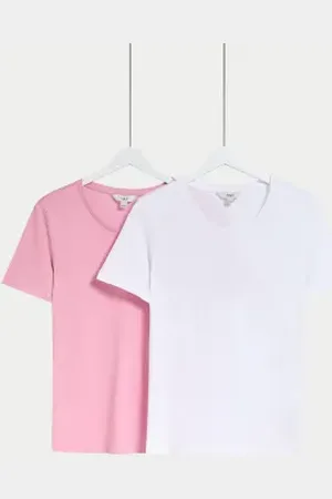 Marks & Spencer Womens 2pk Pure Cotton Crew Neck Regular Fit T-Shirts