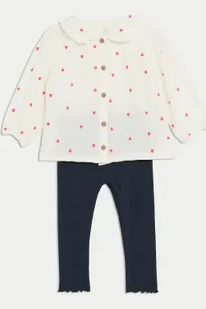 Marks & Spencer Girls 2pc Cotton Rich Heart Embroidered Outfit (0-3 Yrs)