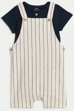 Marks & Spencer Boys 2pc Cotton Linen Striped Dungaree Outfit (0-3 Yrs)