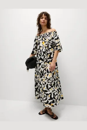Marks & Spencer Womens Pure Cotton Printed Bardot Midaxi Dress