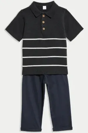 Marks & Spencer Boys 2pc Cotton Blend Striped Knit Polo Outfit (0 Mths-3 Yrs)