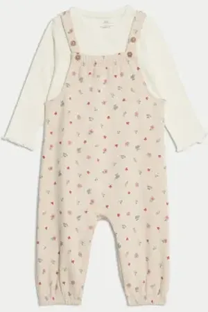 Marks & Spencer Girls 2pc Cotton Rich Jersey Ditsy Dungarees Outfit (0-3 Yrs)