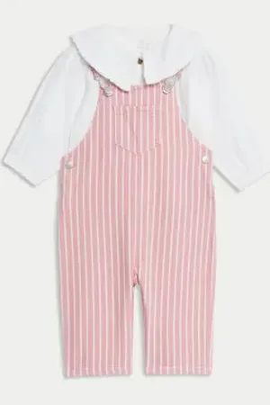 Marks & Spencer Girls 2pc Pure Cotton Striped Dungarees Outfit (0-3 Yrs)