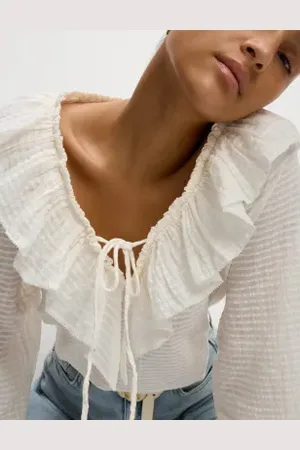 Marks & Spencer Womens Pure Cotton Textured V-Neck Ruffle Blouse