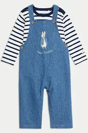 Marks & Spencer Boys 2pc Pure Cotton Peter Rabbit™ Striped Dungaree Outfit (0-3 Yrs)