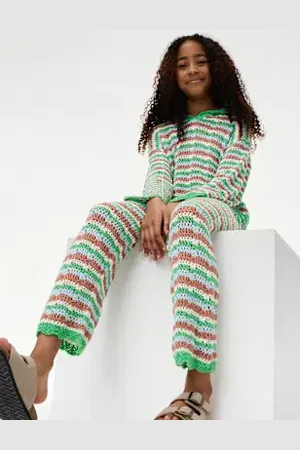 Marks & Spencer Girls Cotton Blend Knitted Striped Trousers (6-16 Yrs)