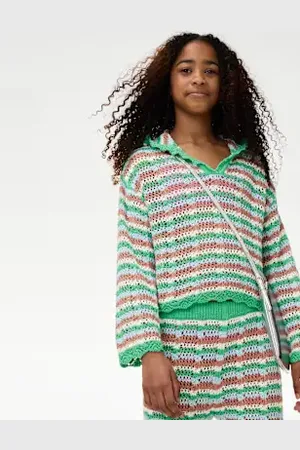 Marks & Spencer Girls Cotton Blend Striped Knitted Hoodie (6-16 Yrs)