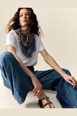 Per Una Womens Denim High Waisted Pleat Front Wide Leg Jeans