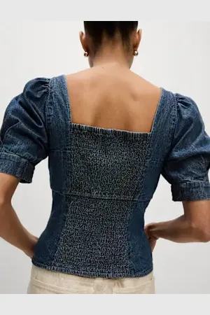 Marks & Spencer Womens Pure Cotton Denim Square Neck Slim Fit Top