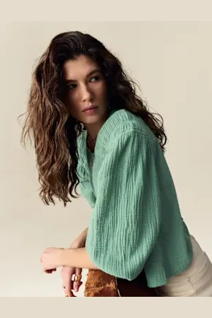 Per Una Womens Pure Cotton Blouson Sleeve Popover Blouse