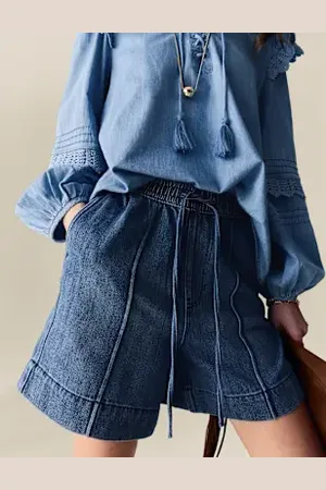 Per Una Womens Denim High Waisted Seam Detail Shorts