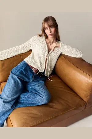 Per Una Womens Cotton Rich Pointelle V-Neck Tie Front Relaxed Cardigan