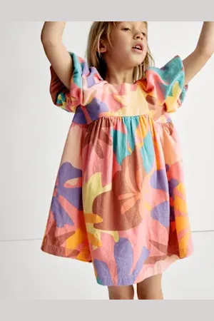 Marks & Spencer Girls Linen Rich Printed Puff Sleeve Woven Dress (2-8 Yrs)