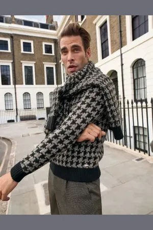 Autograph Mens Pure Merino Wool Dogtooth Crew Neck Jumper
