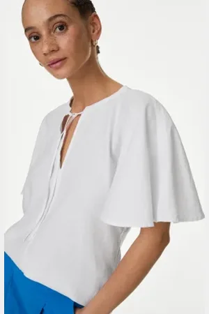 Marks & Spencer Womens Linen Rich Tie Neck Angel Sleeve Blouse