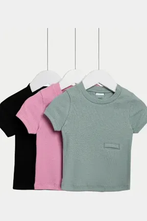 Marks & Spencer Girls 3pk Adaptive Cotton Rich Ribbed Short Sleeve T-shirts (2-16 Yrs)