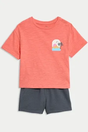 Marks & Spencer Boys 2pc Cotton Rich T-Shirt & Shorts Outfit (0-6 Yrs)