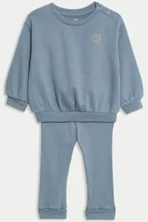 Marks & Spencer Boys 2pc Cotton Rich Blue Sweatshirt Outfit (0-3 Yrs)