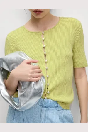 Marks & Spencer Womens Textured Crew Neck Pearl Look Button Cropped Knitted Top