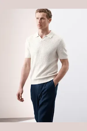 Autograph Mens Linen Rich Knitted Open Neck Polo Shirt