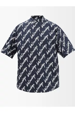 Balenciaga Men Short sleeves - New Scribble-print Poplin Short-sleeved Shirt - Mens - Navy