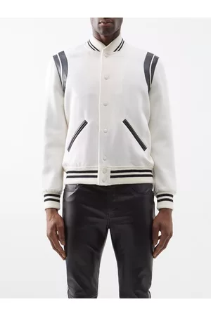 Saint Laurent Men Fleece Jackets - Teddy Leather-trim Wool-blend Bomber Jacket - Mens - White Black