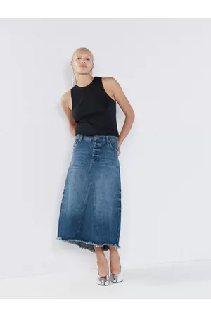 Raey Women Denim Skirts - Raw-hem Organic-cotton Blend Fishtail Denim Skirt - Womens - Dark Blue