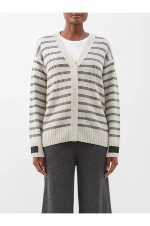 Moncler Women Lightweight Sweaters - Logo-jacquard Striped Wool Cardigan - Womens - White Stripe