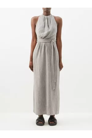 Raey Gathered-neck Linen-blend Halter Dress - Womens - Grey