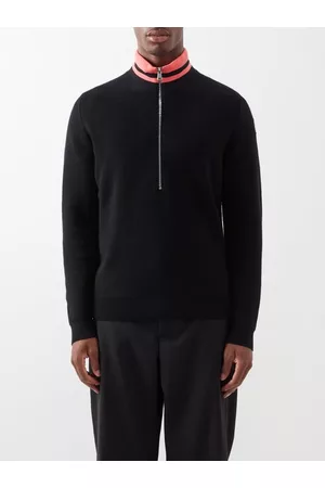 Moncler Men Sports Hoodies - Striped-collar Ribbed-wool Sweater - Mens - Black