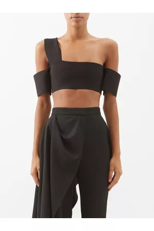 Alexander McQueen Women Off the shoulder Crop Tops - One-shoulder Knitted Bandage Crop Top - Womens - Black