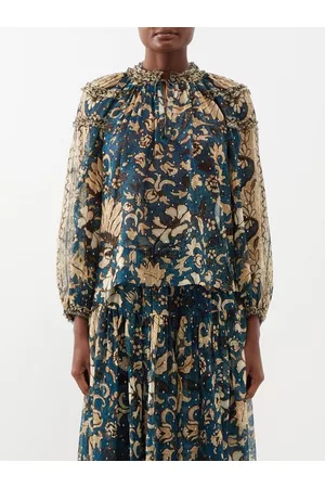 ULLA JOHNSON Women Chiffon Tops - Meja Floral-print Silk-chiffon Blouse - Womens - Blue Multi