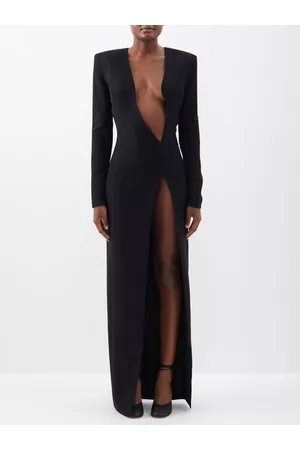 Monot Women V-Neck Dresses - Asymmetric Plunge-neck Side-slit Crepe Dress - Womens - Black