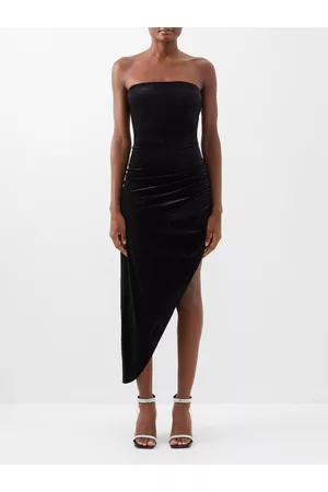 Norma Kamali Asymmetric Strapless Ruched Velvet Dress - Womens - Black