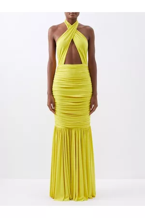 Norma Kamali Halterneck Cutout Ruched Jersey Gown - Womens - Yellow